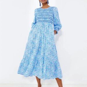 Tuckernuck Pink City Prints Isabel Ornate Sky Blue Smocked Midi Dress